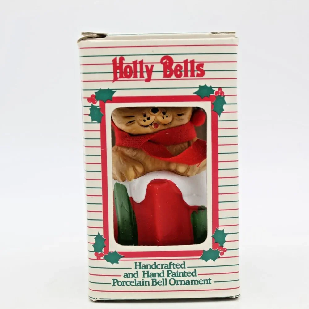 Holly Bells Porcelain Kitty Cat Bell Ornament Vintage 1986 Original Box b